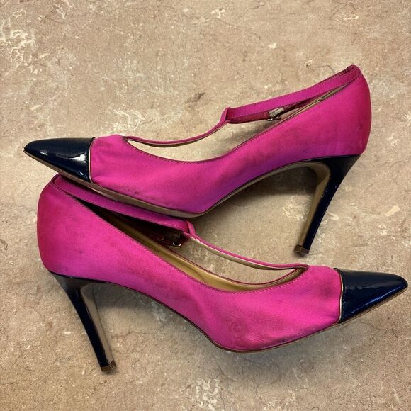 J Crew Women Pink Satin Heels Navy Blue Patent Leather Toe Heels T Strap 8.5 - Picture 6 of 11